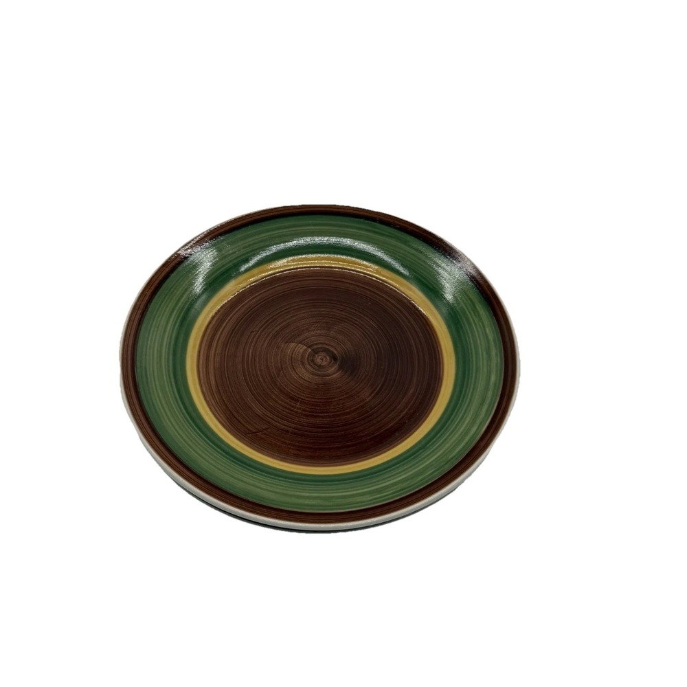 Thompson Pottery Green Brown‎ Yellow Rings Salad Plates 8" Set of 2